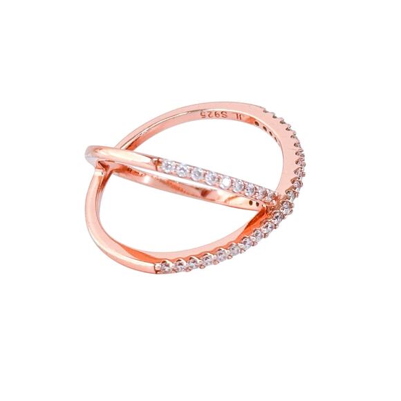 Rose Gold Tone Cubic Zirconia X-Band Ring  | Vintage Sterling Silver | Size 5.25 - Picture 4 of 10